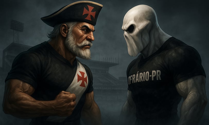 Mascotes humanóides de Vasco e Operário-PR se encaram em São Januário coberto por névoa.