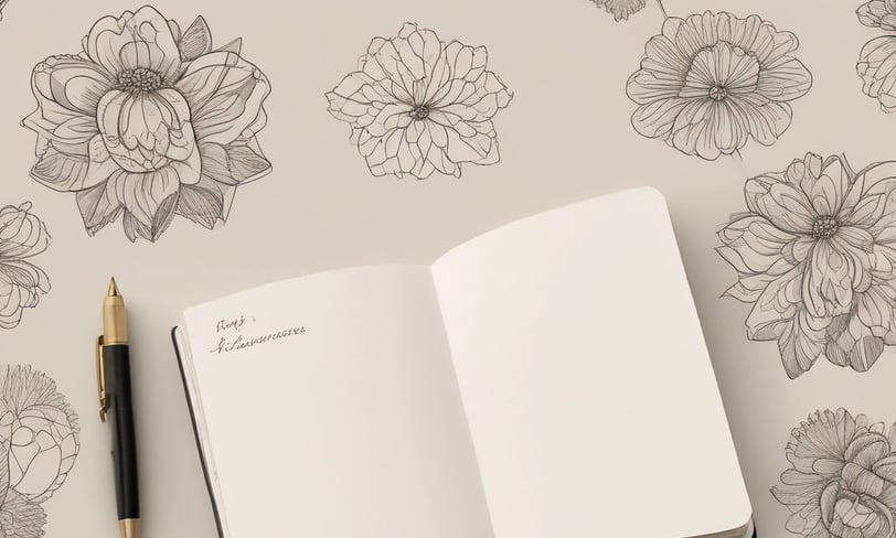 An open planner is displayed on a light marble surface, with a sprig of eucalyptus leaves placed on the table next to it. The planner shows sections for weekly and daily planning.