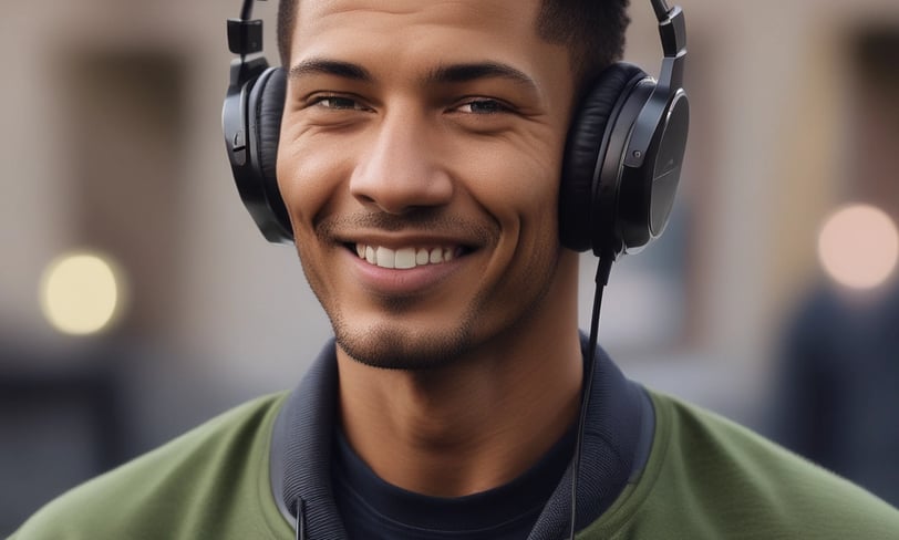 man in red and black striped crew neck shirt wearing headphones