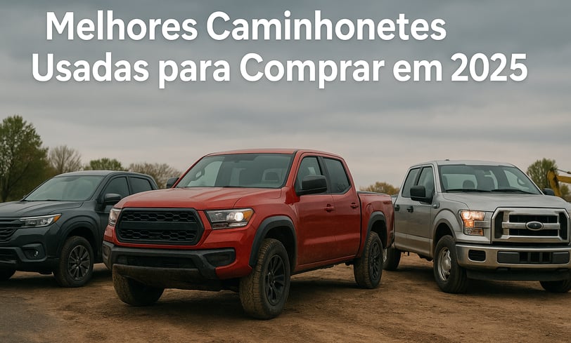 Três caminhonetes usadas lado a lado em um terreno de terra batida, representando os estilos urbano,