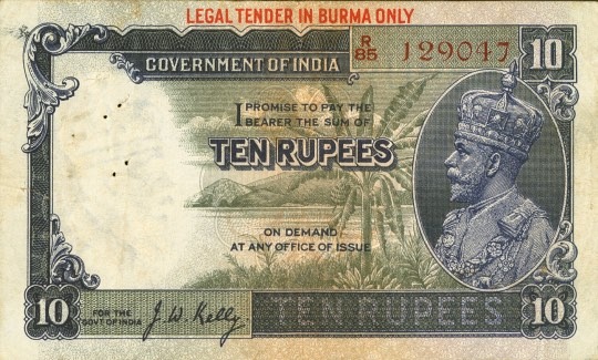 Burma 10 Rupees King George V red overprint banknote