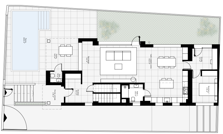 Plano arquitectónico de la Casa Cíes, una vivienda unifamiliar de alta calidad en Cáceres.