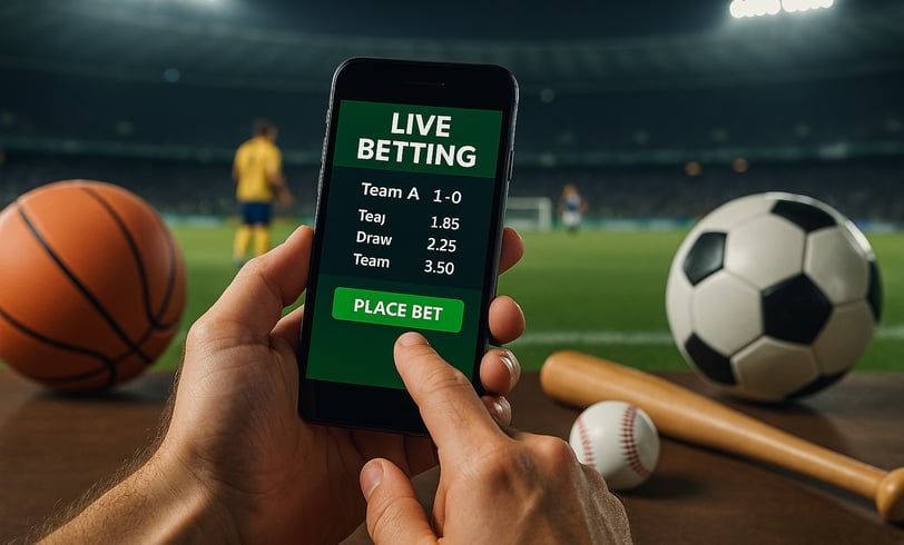 Odds e gráficos sobre estádio escuro, com referência a apostas ao vivo em diversos esportes.