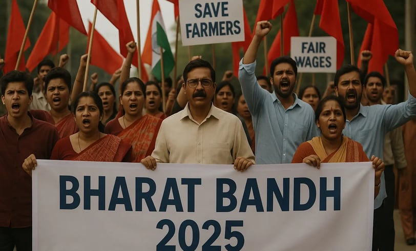 Protesters during Bharat Bandh 2025 in India carrying banners and flags