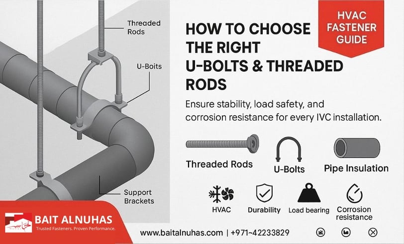 Threaded rods and U-bolts used for HVAC suspension and pipe support