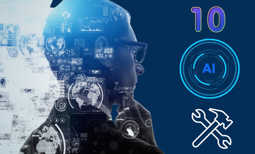 a man in a suit and glasses looking at the symbols 10 AI Tools