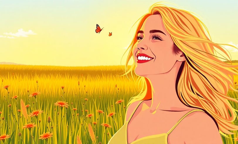 a woman in a yellow dress standing in a field