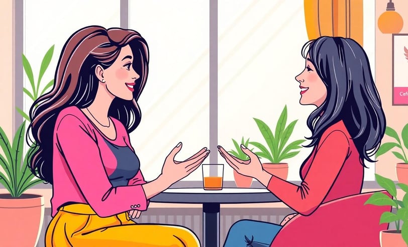 a woman sitting at a table talking to another woman