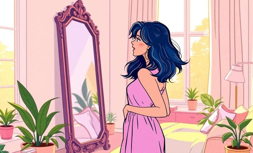a woman in a pink dress standing in front of a mirror
