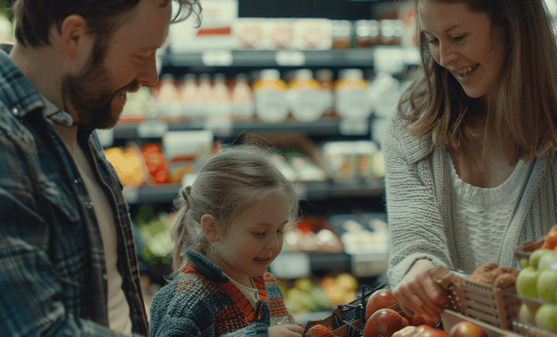 Family selecting fruits and vegetables at a local supermarket