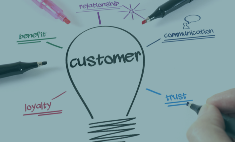 A lightbulb outlined with different areas of customer focus. 