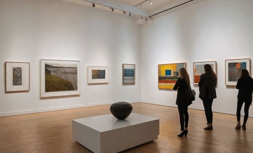 Galeria de arte com vibrantes obras de pop-art em exibição.