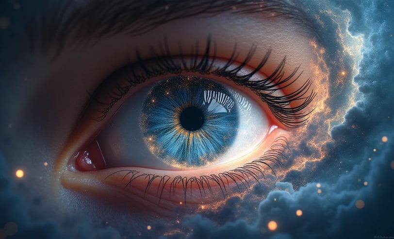 a close up of a person's eye looking at the sky