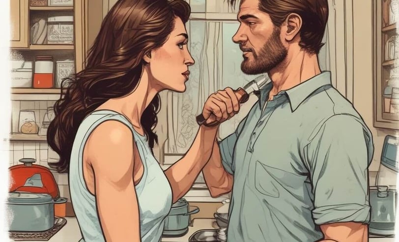 A husband and wife hold each other in a kitchen, in a deep emotional bond intertwined with struggles of emotional  abuse.