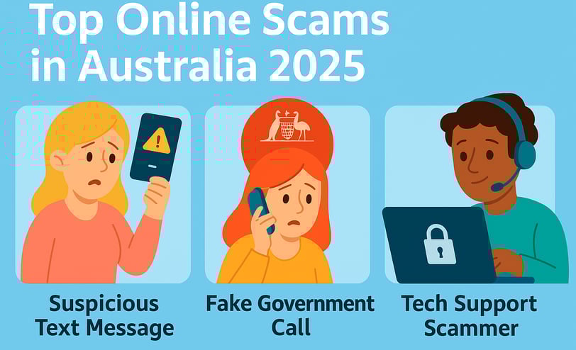 Infographic titled "Top 10 Online Scams Targeting Australians in 2025" showing visual icons for scam