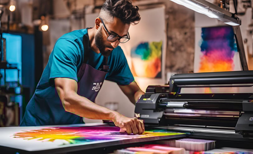 Step-by-step illustration of the T-shirt printing process, showing design transfer from a printer to