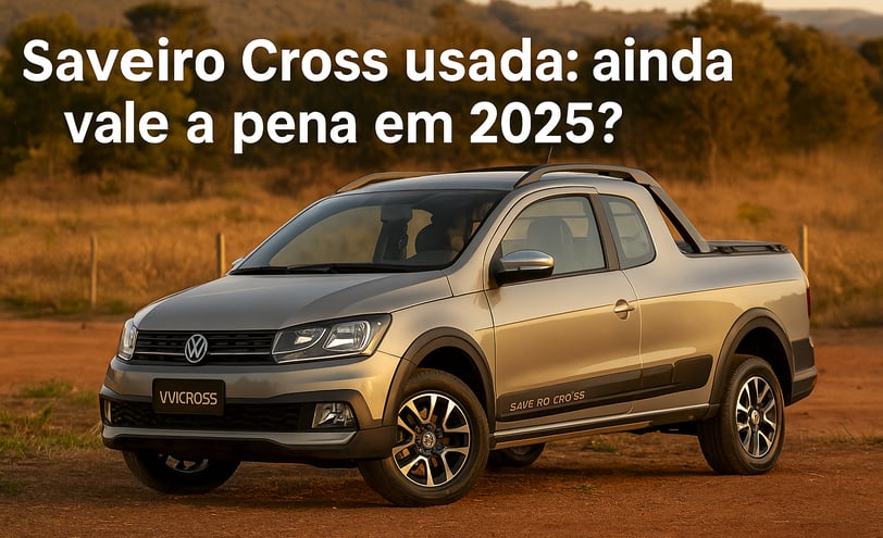 Volkswagen Saveiro Cross em ambiente de aventura, com placa personalizada “VWCROSS” e luz natural.