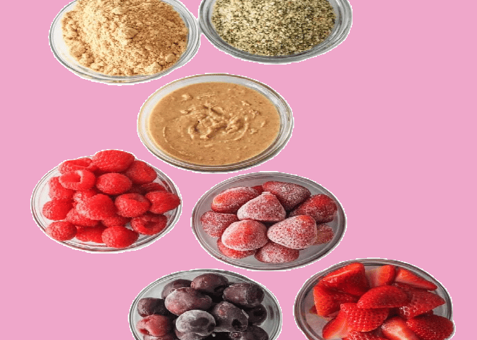Ingredients for mixing into a chocolate protein shake for various flavour