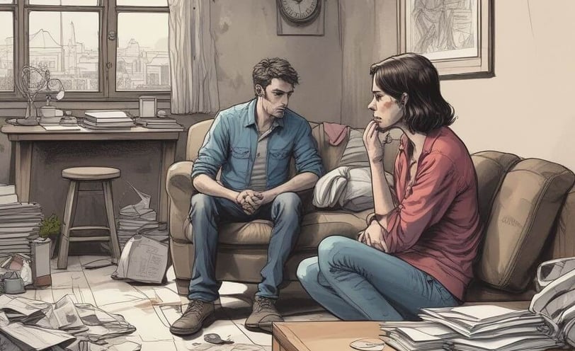 A couple sits on a couch surrounded by disarray, symbolizing conflicts in their relationship.