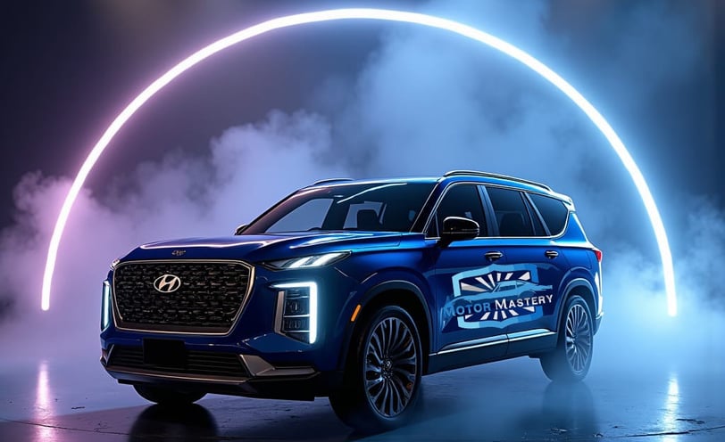 a blue suv with a bright blue light coming out of the front