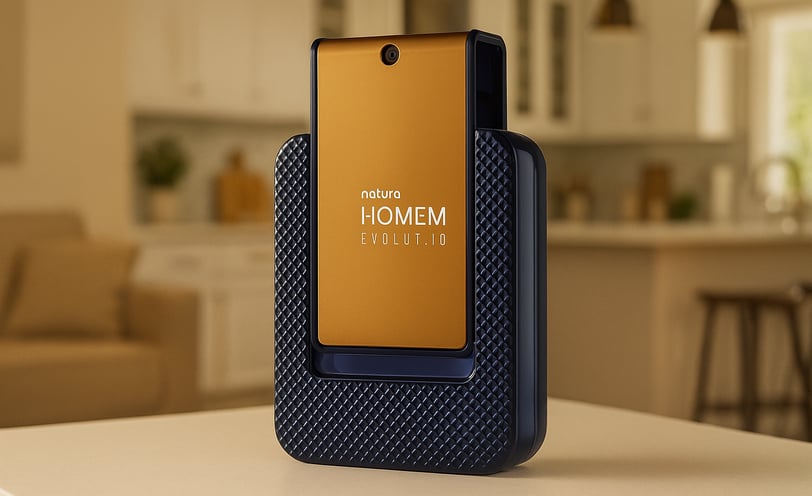 Foto realista e em alta resolução do perfume Natura Homem Evolut.io sobre uma superfície branca.