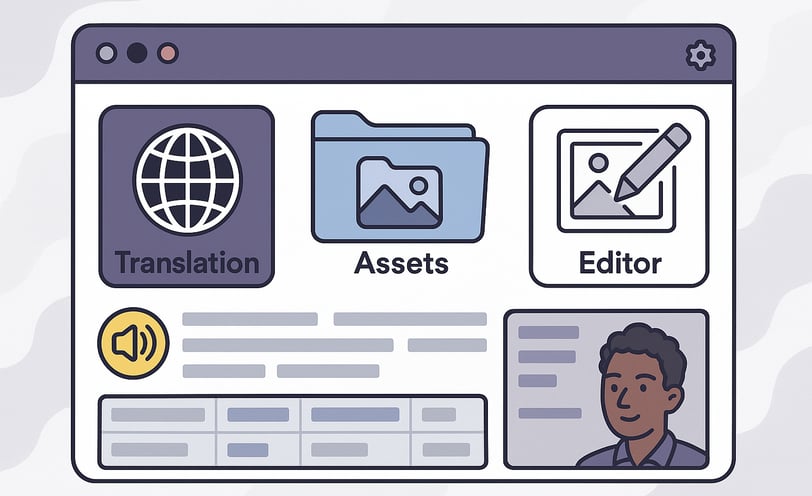 A dashboard graphic with various icons representing features like translation, assets, editor