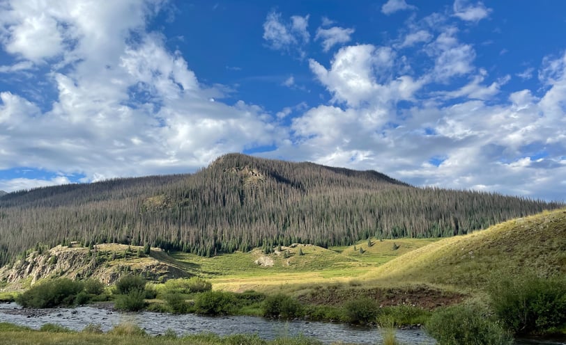 a mountain scene with a river and a mountain in the background