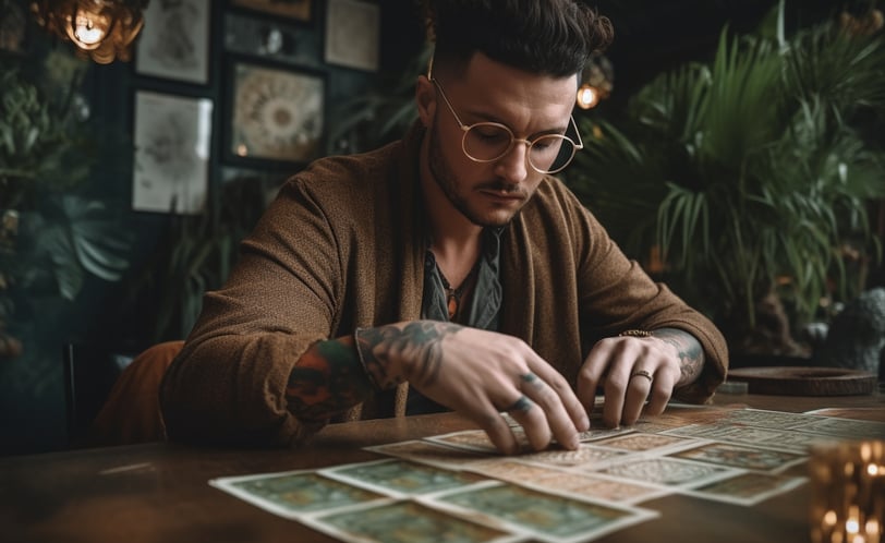 Profissional de marketing analisando cartas de Tarot para estratégia