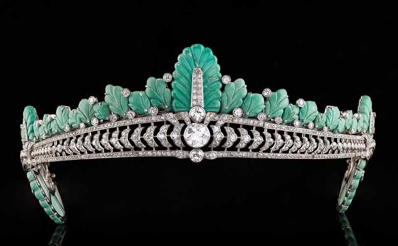 Front view of the Cartier turquoise and diamond tiara owned by Nancy Astor.