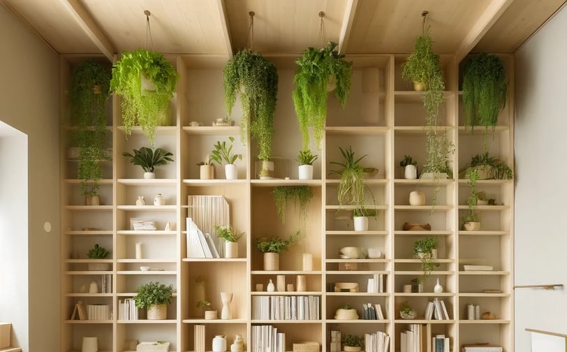 small Japandi style room that efficiently utilizes vertical space with ceiling high shelves and hanging green plants