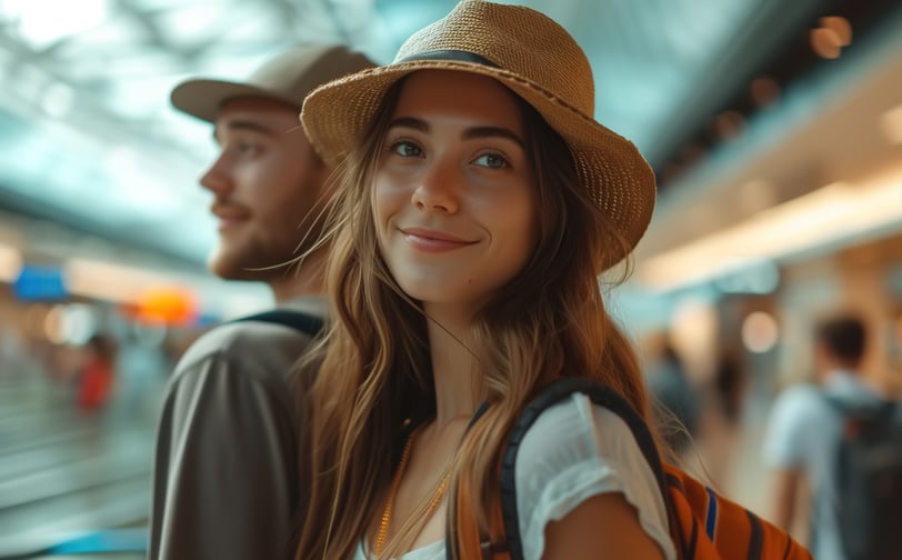A man and a woman in the airport. They are on a trip or vacation and enjoying each other's