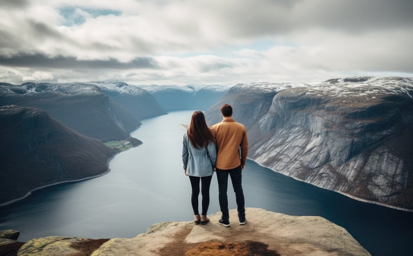 Couple standing on the edge of a cliff and looking at the fjord