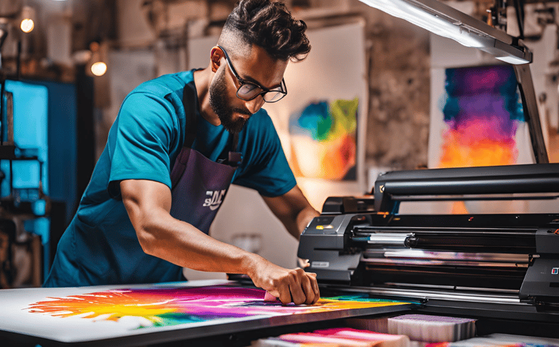 Step-by-step illustration of the T-shirt printing process, showing design transfer from a printer to