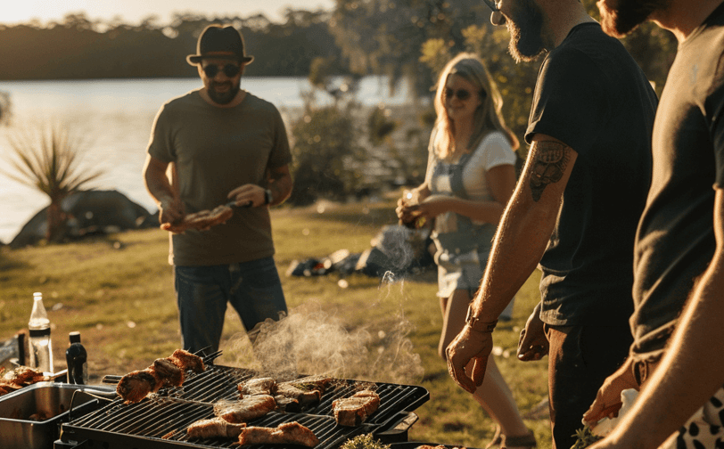 a group of people standing around a grill