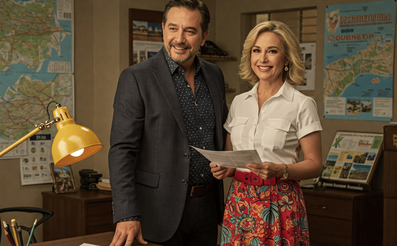 a man and woman standing in front of a desk