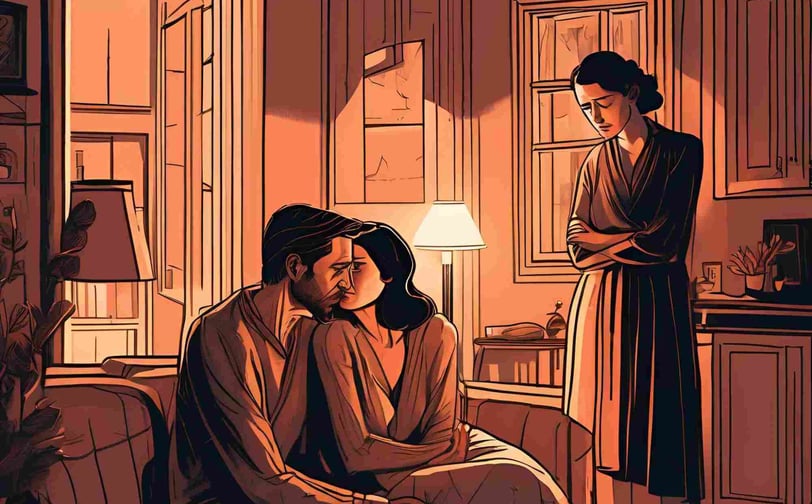 A couple sits on a couch, with the man showing signs of infidelity, suggesting a strained relationship.