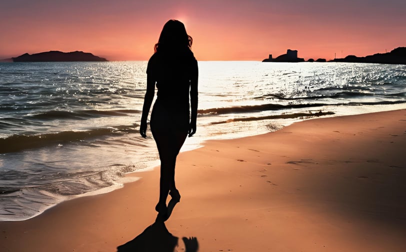 a woman walking on the beach at sunset