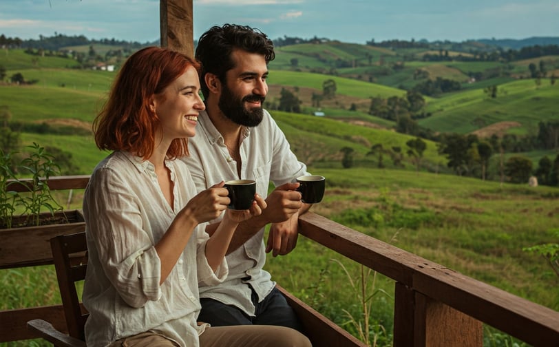a man and woman sitting on a porch with a cup of coffee