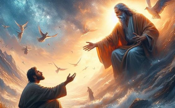 God the Father giving hand to Jesus Christ