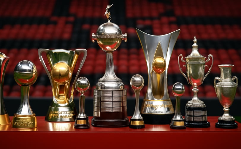 Vários troféus de futebol expostos lado a lado sobre uma base vermelha, representando conquistas imp