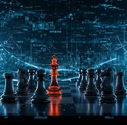 Chess pieces on a board featuring a prominent red king, symbolizing AI's impact on SEO strategies