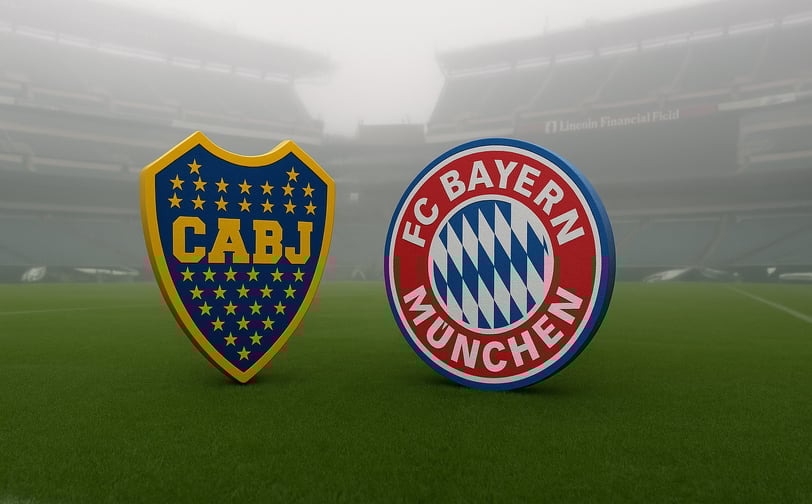 escudos de boca junior e bayern de munique sobre gramado do estádio lincoln financial field