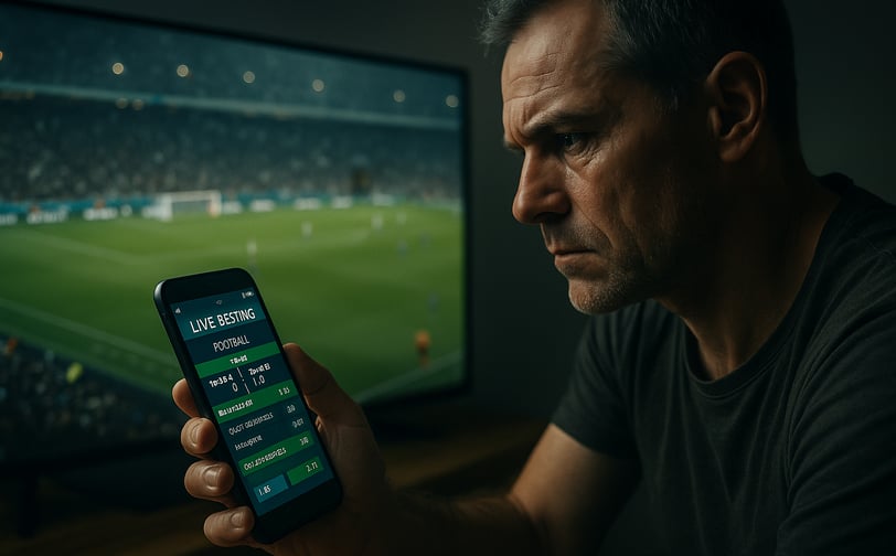 Homem observa atentamente um jogo de futebol na TV enquanto segura um celular.