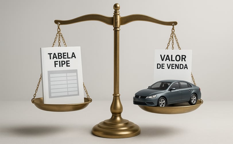 Balança comparando a Tabela FIPE com o Valor de Venda real de um carro usado
