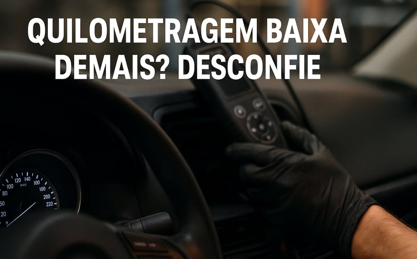 Painel de carro com hodômetro em destaque marcando 59.832 km, enquanto uma mão com luva segura um sc