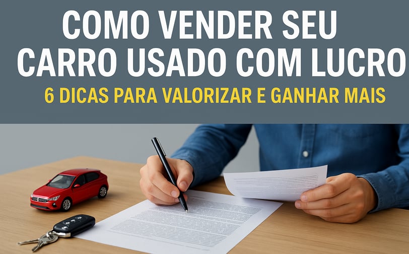 Pessoa preenchendo documentos de venda de veículo, com chave e miniatura de carro vermelho sobre a m