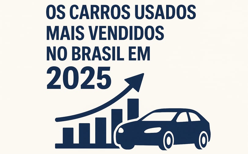 Gráfico com barras e seta crescente ao lado de um carro azul, ilustrando o título “Os Carros Usados 