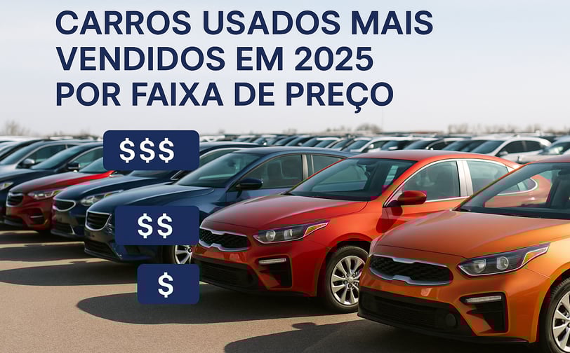 Fila de carros usados coloridos em pátio de vendas, com destaque para o texto "Carros Usados Mais Ve