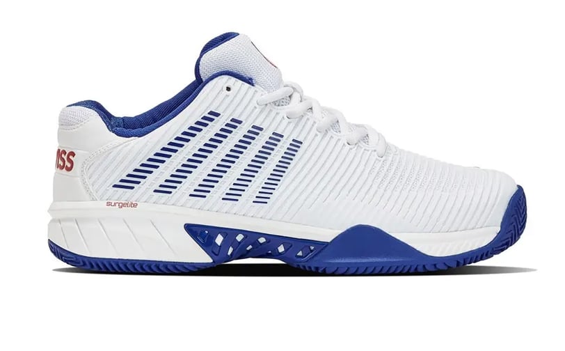 K-Swiss Hypercourt Express 2 HB padel shoe in white and blue with herringbone sole