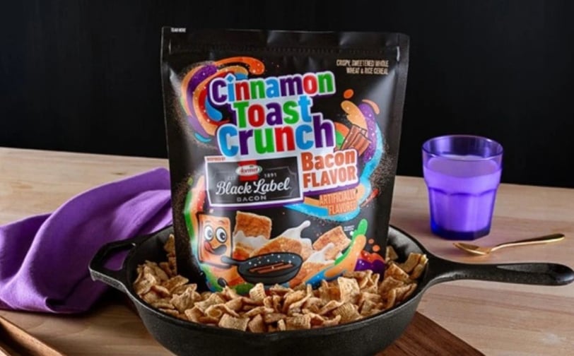 Limited-edition Cinnamon Toast Crunch Hormel Bacon Cereal available online at Walmart — image courte